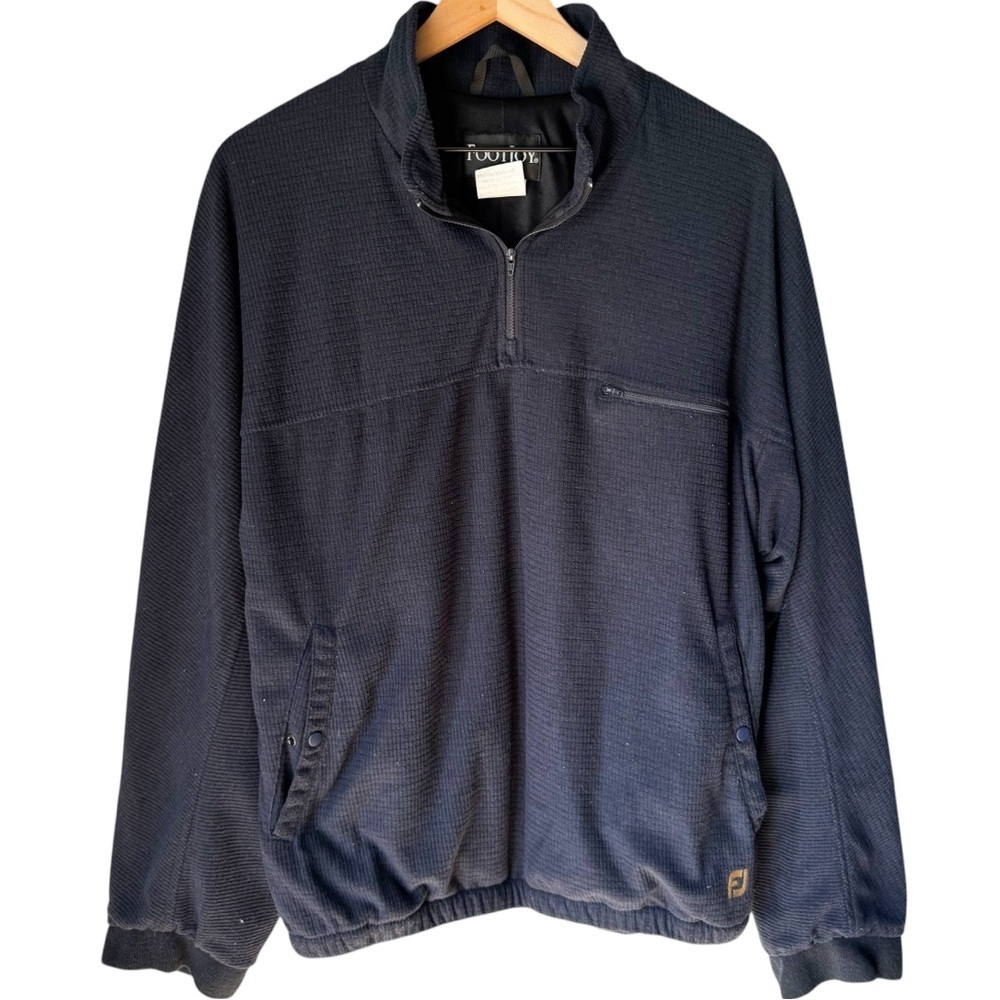 Footjoy Men’s Pullover Navy Blue Waffle Knit Lined 1/4 Zip Snap Pockets Size L